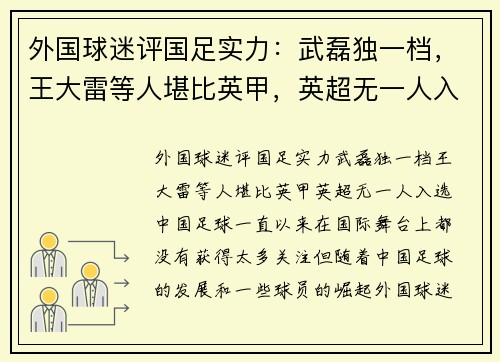 外国球迷评国足实力：武磊独一档，王大雷等人堪比英甲，英超无一人入选