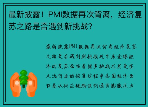 最新披露！PMI数据再次背离，经济复苏之路是否遇到新挑战？