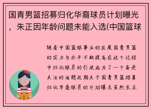 国青男篮招募归化华裔球员计划曝光，朱正因年龄问题未能入选(中国篮球国青)