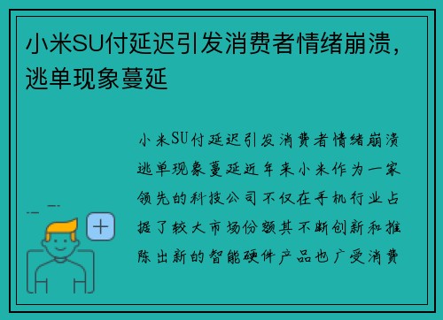 小米SU付延迟引发消费者情绪崩溃，逃单现象蔓延